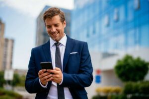 Uomo che sorride mentre guarda il cellulare
