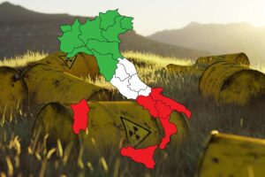 un giardino con sopra le scorie radioattive con in primo piano la cartina dell'italia