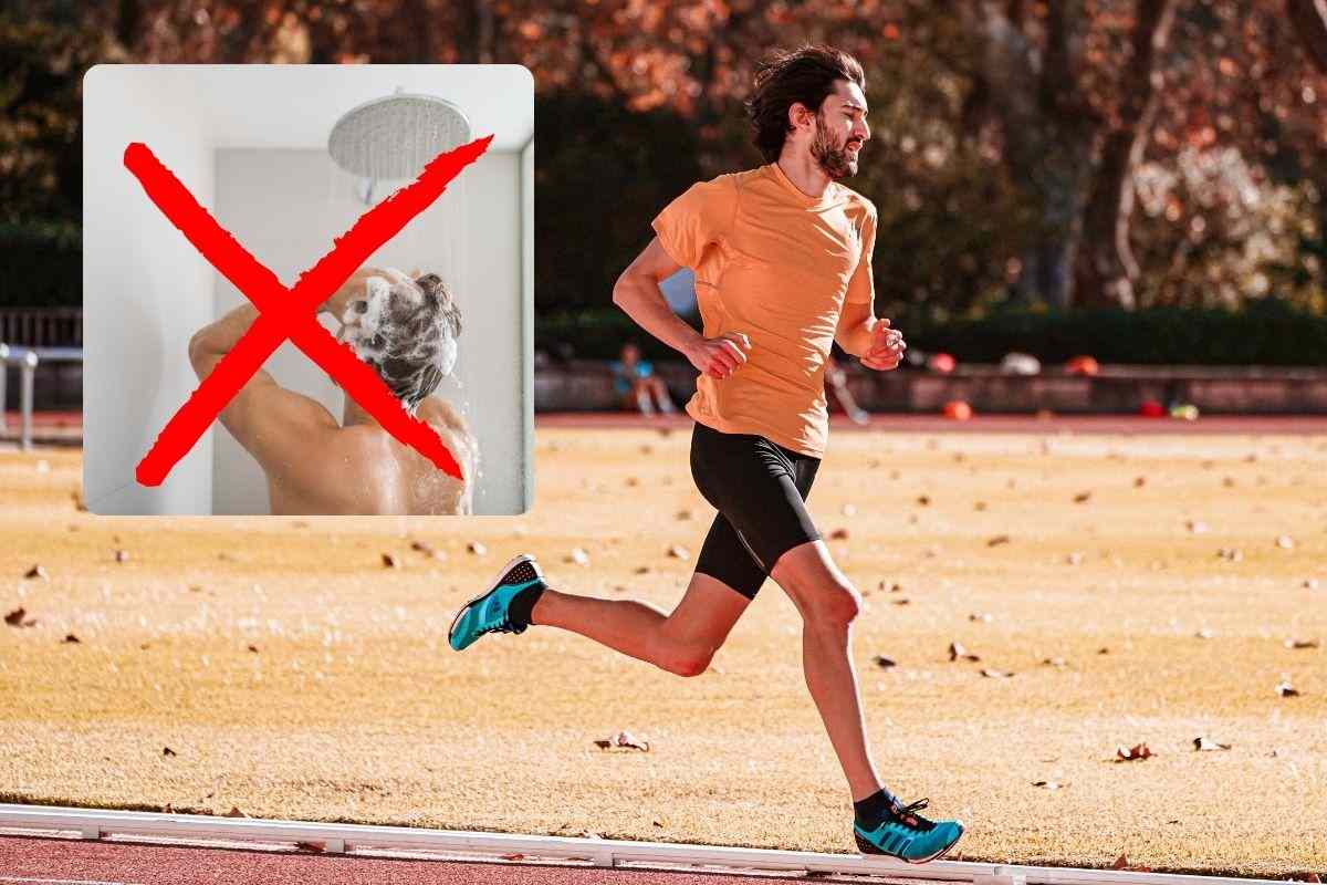 una persona che sta correndo e accanto una doccia con una X sopra
