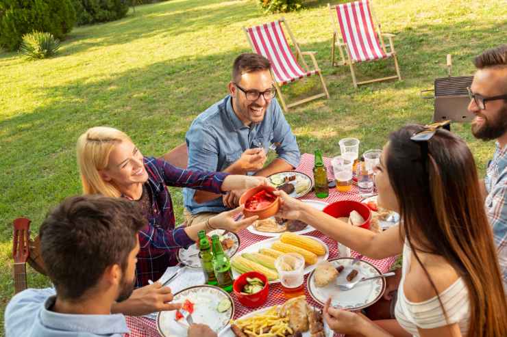 Gruppo di amici che fa un pranzo estivo 