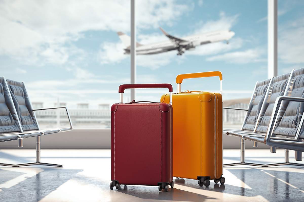 valigie in aeroporto davanti ad una vetrata che da sulla vista di partenza e un aereo che decolla