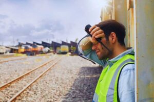 Operatore ferrovia che soffre il forte caldo