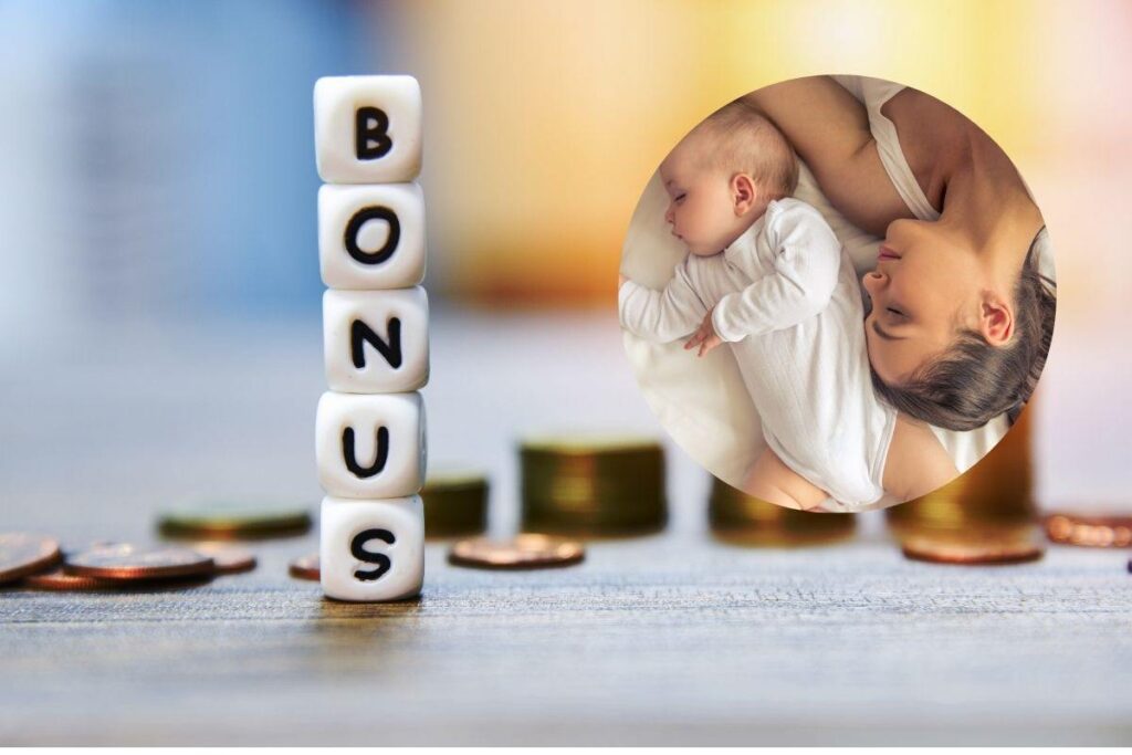 la scritta bonus ed una mamma con il suo figlio