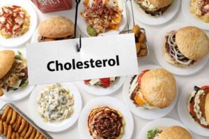 cibi spazzatura con la scritta colesterolo