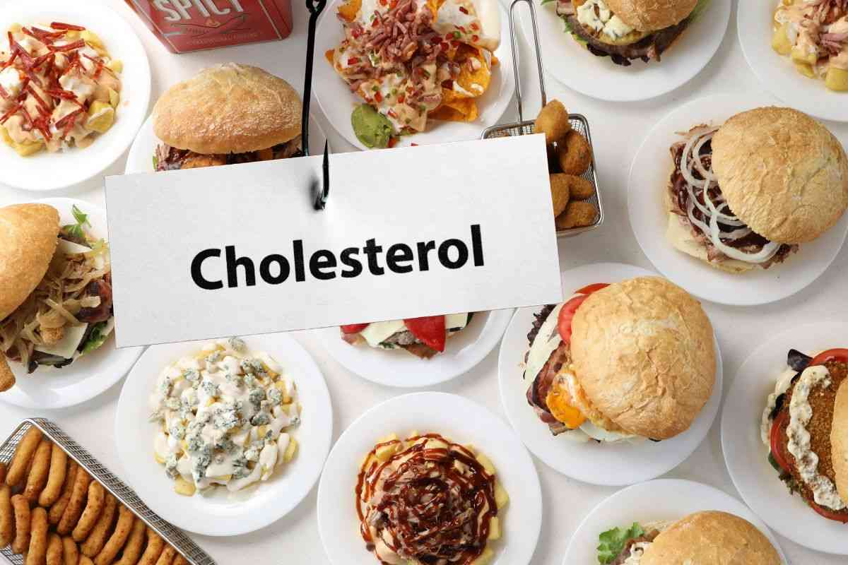 cibi spazzatura con la scritta colesterolo