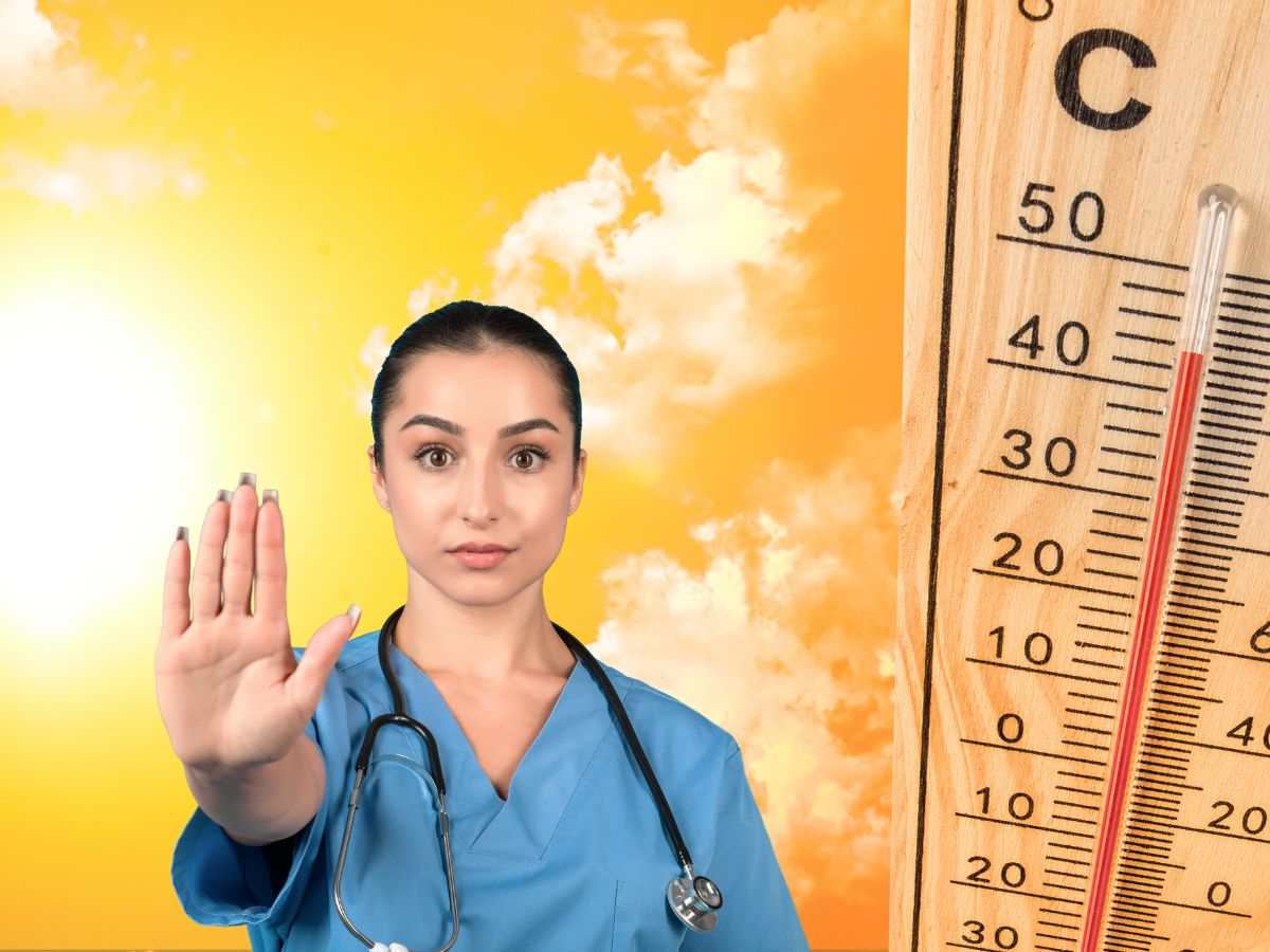 termometro caldo e dottoressa che fa stop con le mani