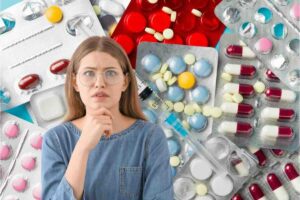 Farmaci e donna spaventata in primo piano