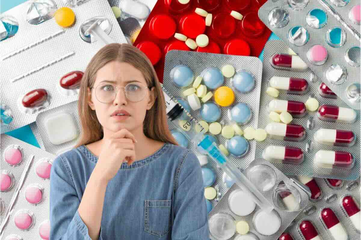 Farmaci e donna spaventata in primo piano