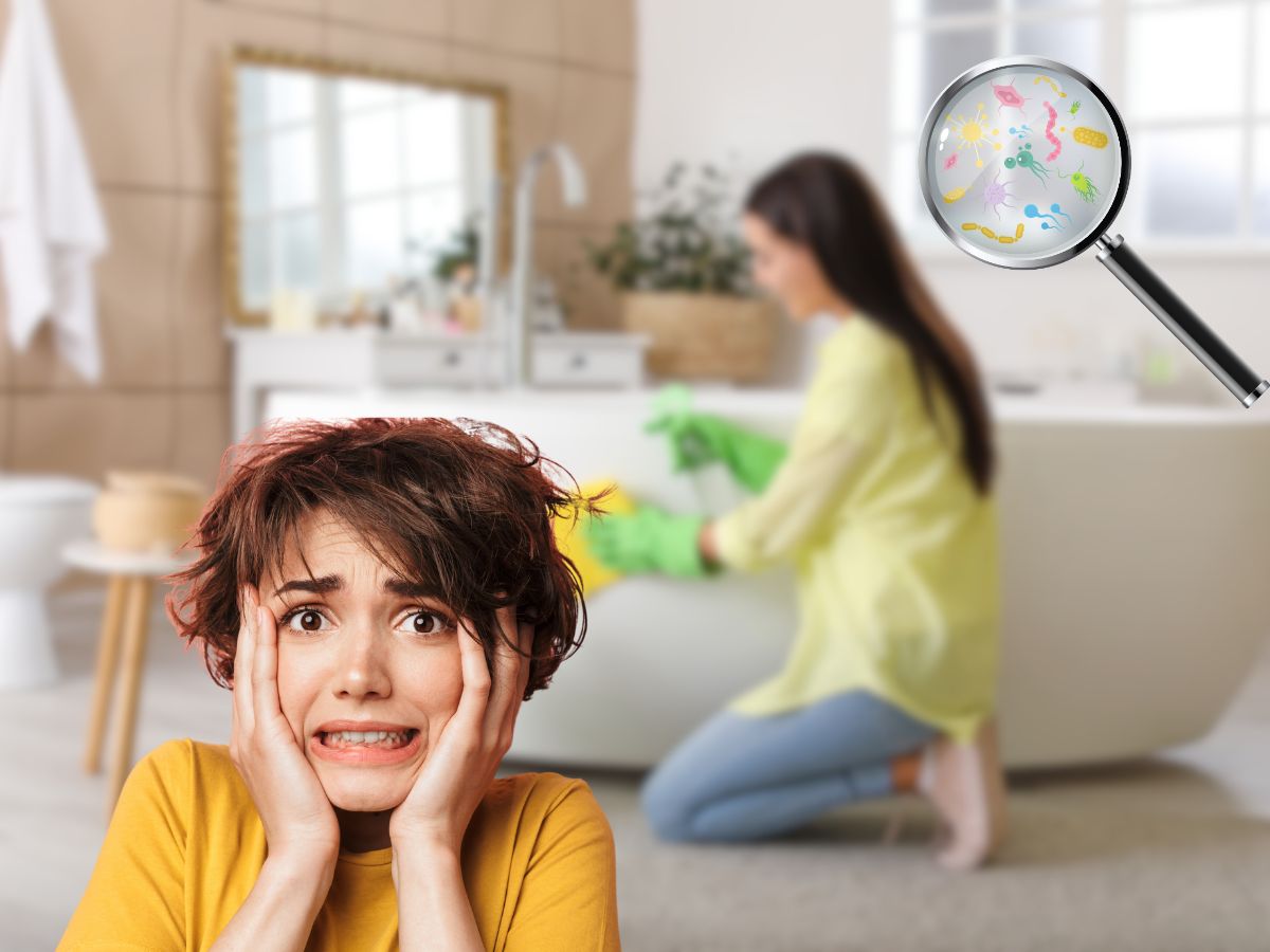donna che pulisce bagno, lente di ingrandimento con batteri e donna spaventata